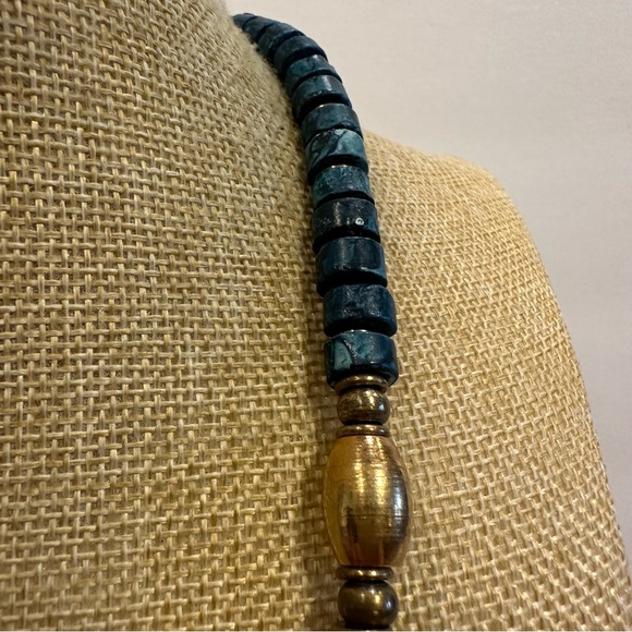Gorgeous Blue- Green Gemstone Necklace w/ antique gold beads- Apatite tube beads - Picture 6 of 11